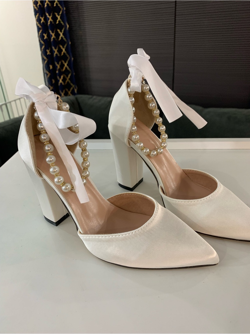 Pearl-Ankle Satin Heels in White